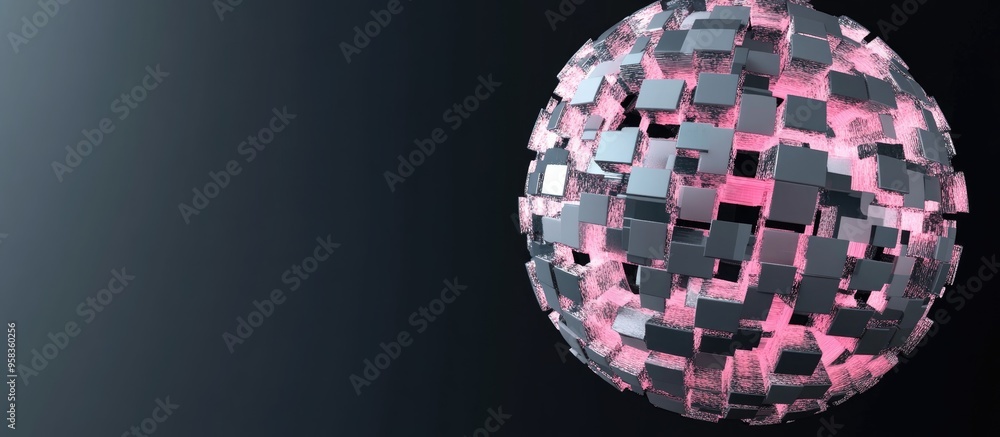 Poster 3d rendering of a pink and gray pixel fractal sphere on a black background