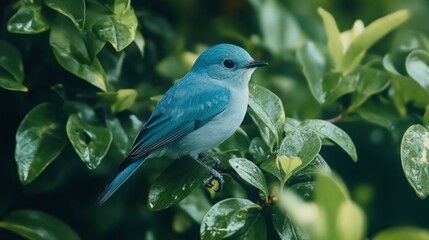 A light blue bird perched on a branch, surrounded by lush greenery.