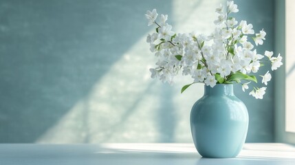 A light blue ceramic vase filled with fresh white flowers, placed on a minimalist table.
