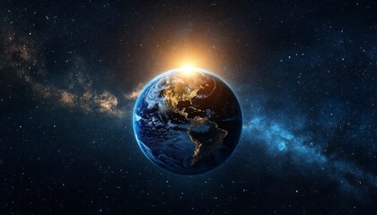 Naklejka premium View of Earth from space with a rising sun and starry background, planet in space