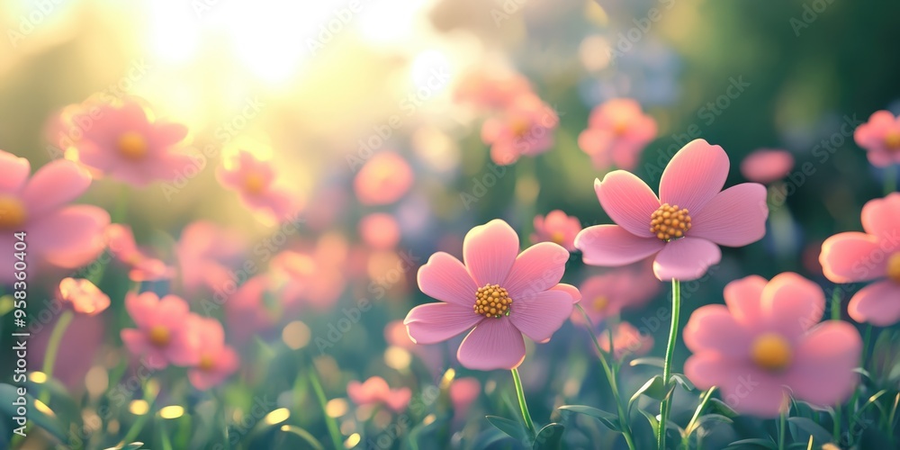 Aufkleber Beautiful flowers in a garden with soft and selective focus rendered in 3D cartoon style under daylight