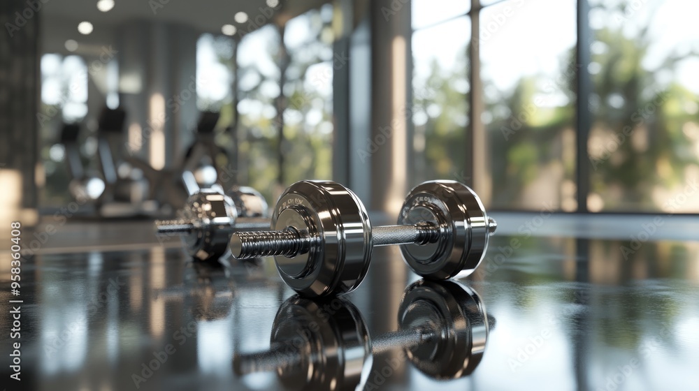 Poster 3d rendering of a close up view of dumbbells in a gym setting unoccupied