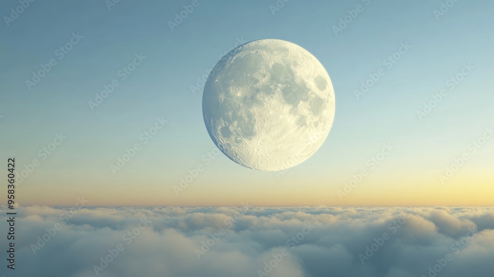 Poster cartoon rendering in 3d of a daytime full moon in the morning