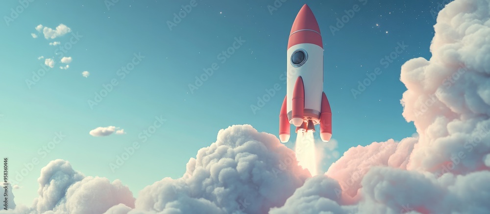Poster cartoon rendering in 3d of a space rocket set against the sky