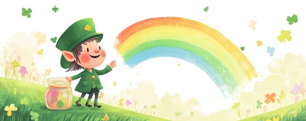 Whimsical scene of a cheerful leprechaun and a vibrant rainbow in a lush green meadow adorned with clovers and a jar of gold