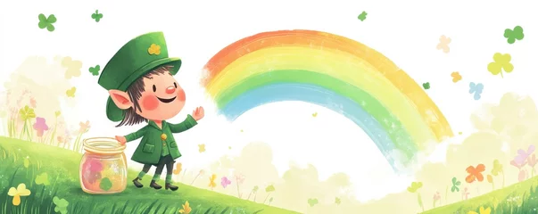 Wandcirkels Regenboog Whimsical scene of a cheerful leprechaun and a vibrant rainbow in a lush green meadow adorned with clovers and a jar of gold  © Georgii