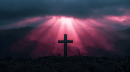 Fototapeta premium Crucifix The Top Mountain With Sunlight