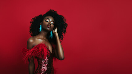 Naklejka premium Elegante afroamerikanische Frau in glitzerndem Abendkleid. Selbstbewusster Blick, perfektes Make-up. Luxuriöser Hintergrund. Studiobeleuchtung betont Glamour