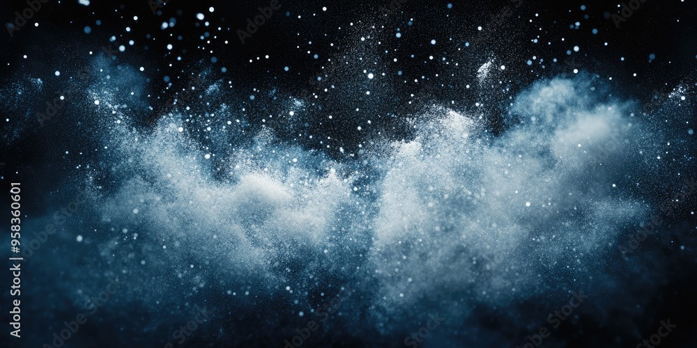 Poster 3d cartoon depiction of a freeze motion effect with white particles against a dark backdrop abstract