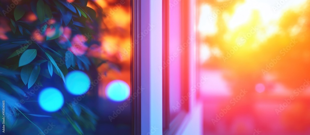 Poster 3d rendering of a blurred background through a home window with sunlight and outdoor elements