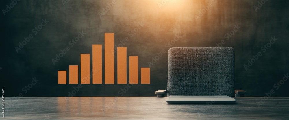 Poster a laptop is on a table next to a wall with a graph on it