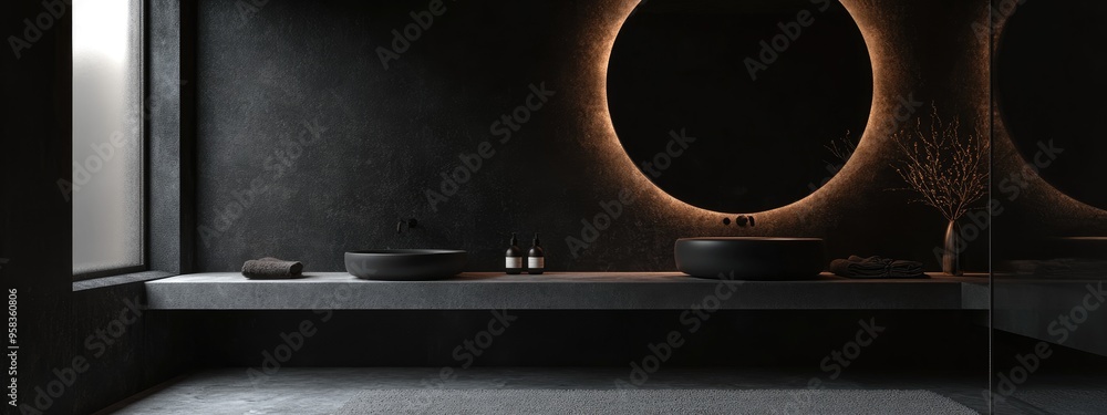 Poster 3D rendering of a dark bathroom interior featuring a double sink large round mirror and a grey concrete floor carpet The design includes a shelf with minimalist decor and a window