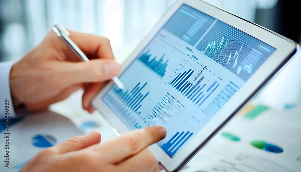 Aufkleber close-up of a hand using a stylus to analyze data on a tablet