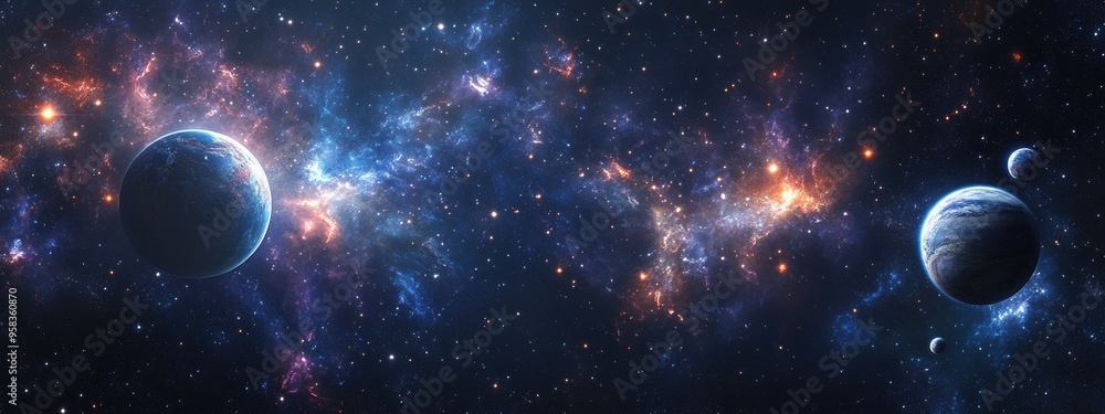 Poster 2d illustration featuring a 3d cartoon rendering of a deep vast space filled with bright stars plane