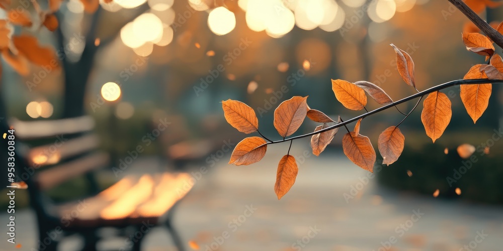 Poster 3d rendering of leaves on a branch with blurred benches and chairs in the background