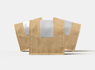 Rendered mockup for a square paper bag with folded top and label on a light background