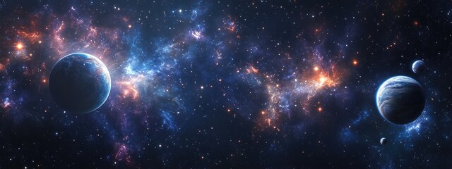 2D illustration featuring a 3D cartoon rendering of a deep vast space filled with bright stars planets and moons This artwork includes various science fiction backdrops showcasing alien solar syst