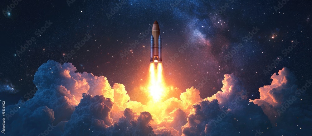 Aufkleber spaceship rocket flying into space through clouds of smoke set against a starry sky in a 3d cartoon 