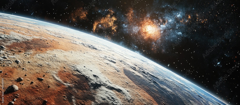 Poster space landscape featuring a view of the earth 3d cartoon rendering