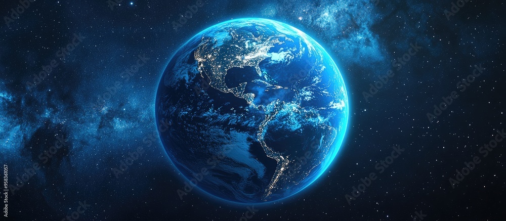 Poster 3d cartoon rendering showcasing a blue planet earth from space highlighting the continent at night f