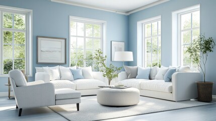 A modern living room with light blue walls, white furniture, and soft natural lighting creating a calm atmosphere.