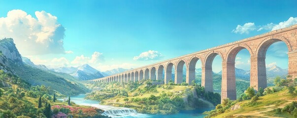 Ancient Roman aqueduct spanning a valley in a wideangle shot with vibrant natural surroundings and dramatic lighting highlighting the structure