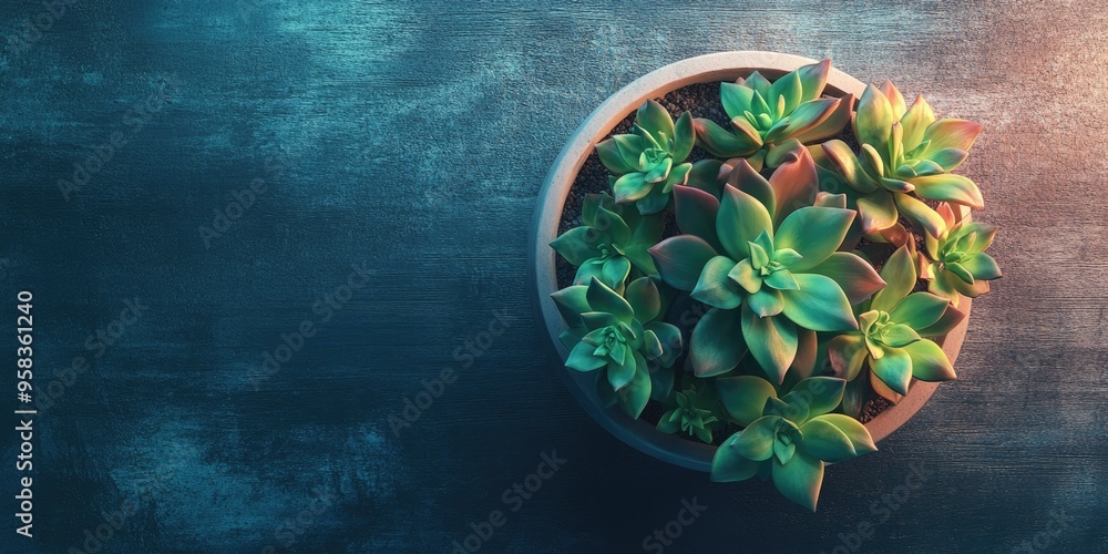 Aufkleber 3D rendering of small succulents in a ceramic pot on a wooden background with ample copy space viewed from above