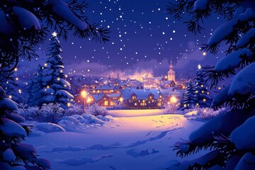Snowy Night View of a Christmas Village with Pine Trees
