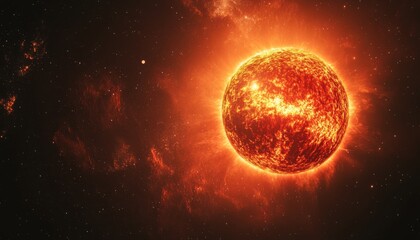 Image of the sun in space, bright star with solar flares