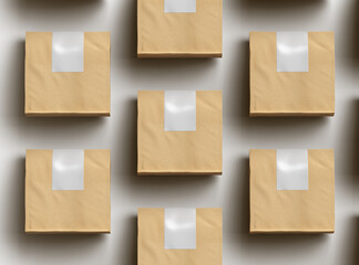 Rendered mockup for a square paper bag with folded top and label on a light background
