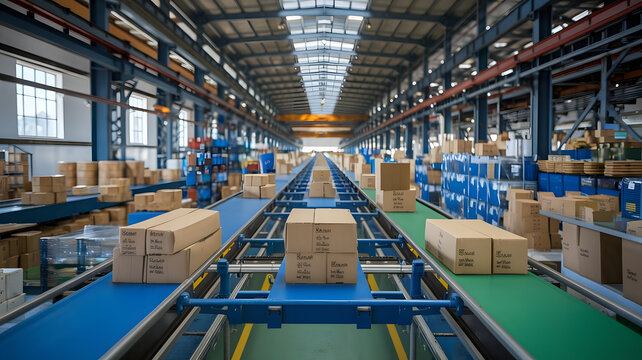 A series of conveyor belts moving different products and resources through a factory, symbolizing an efficient supply chain.