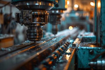 Industrial milling machine operating and drilling metal detail at factory