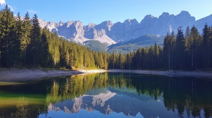 Fototapeta premium A picturesque mountain lake surrounded by pine trees, with a reflection of the mountains in the still water.