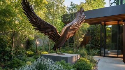 A sculpture of a bird with metal wings, artfully displayed in a modern garden.