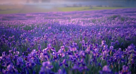 Irises in Lavender Fields: Tranquil Nature and Agriculture Scene © Maryna