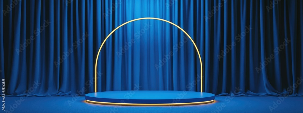 Aufkleber Empty blue cube podium with a gold border arch against a blue curtain background Abstract minimalist 3D geometric shape for product display mockup 3D rendering