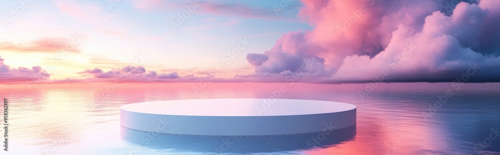 Aufkleber water podium with colorful sky backdrop for advertising display 3d rendering