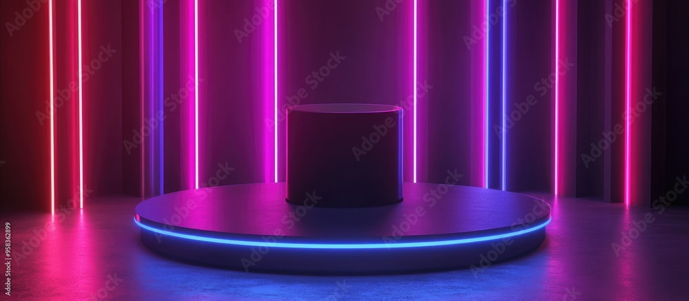 Poster black podium on neon light display with blank backgrounds 3d rendering