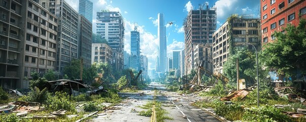 Naklejka premium Postapocalyptic ruined cityscape overgrown with vegetation in a moody, highcontrast shot with detailed textures of decaying buildings being reclaimed by nature