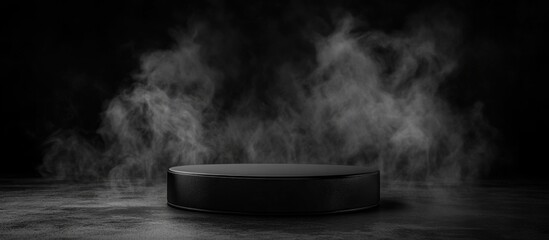 Black podium with dark smoke background for product display