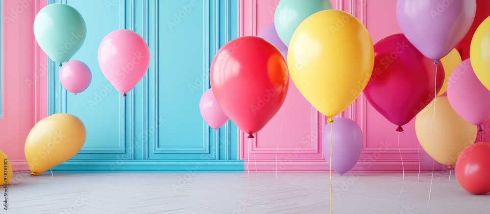 Poster vibrant collection of balloons for celebrations and events in an indoor setting 3d illustration 3d r
