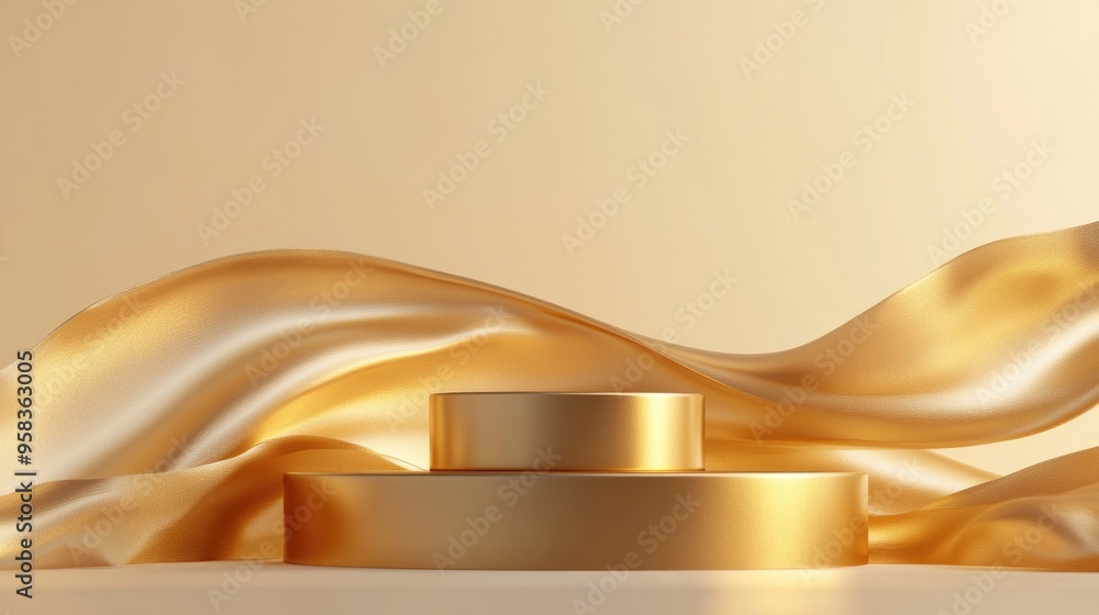 Aufkleber Three podiums on a platform for cosmetic presentation featuring fluttering fabric in gold designed as a 3D render background illustration with geometric shapes ideal for product promotion and showc