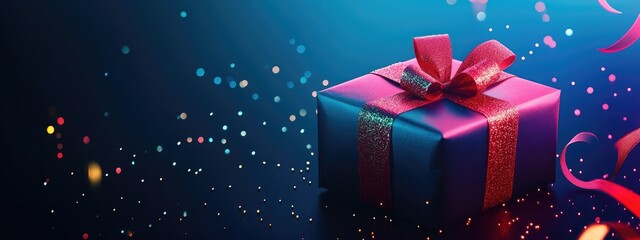 Black Friday themed background featuring a gift box adorned with a red ribbon and gold floating ribbon in a craft style