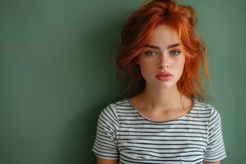 Fototapeta premium Beautiful redhead woman with freckles posing on green background