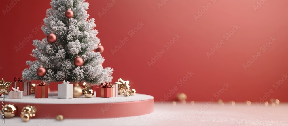 Aufkleber christmas and new year product display podium mockup featuring a decorated tree 3d render background
