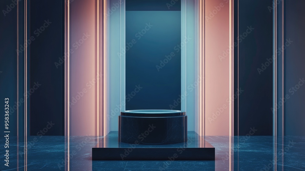 Aufkleber Elegant background featuring a pedestal and a display case 3D rendering illustration