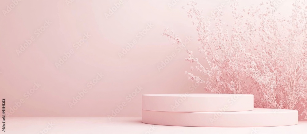 Poster minimalistic abstract design featuring pink hues for a cosmetic or product display podium in 3d rend