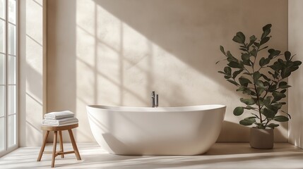 Fototapeta premium A minimalist bathroom featuring a freestanding white bathtub, wooden stool with a folded towel, and a large window allowing soft natural light