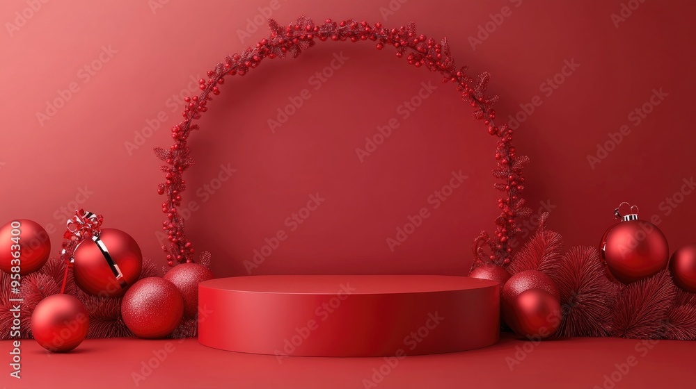 Poster christmas banner with product showcase 3d rendering of red podium