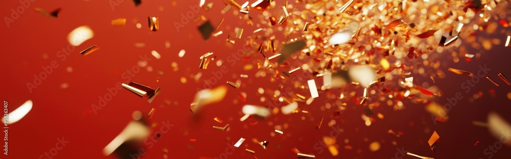 Poster Abstract golden confetti on a red background in 3D rendering